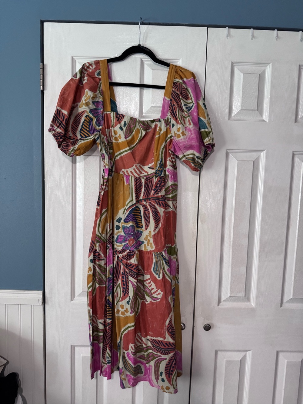 Square-Neck Floral Midi Dress in Rust & Pink